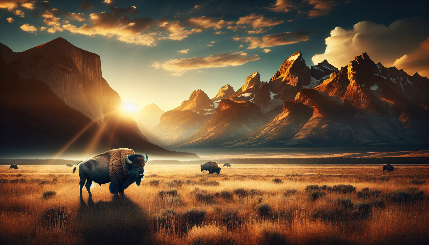 Gran búfalo en pradera iluminada al atardecer, símbolo del slot Buffalo King Megaways