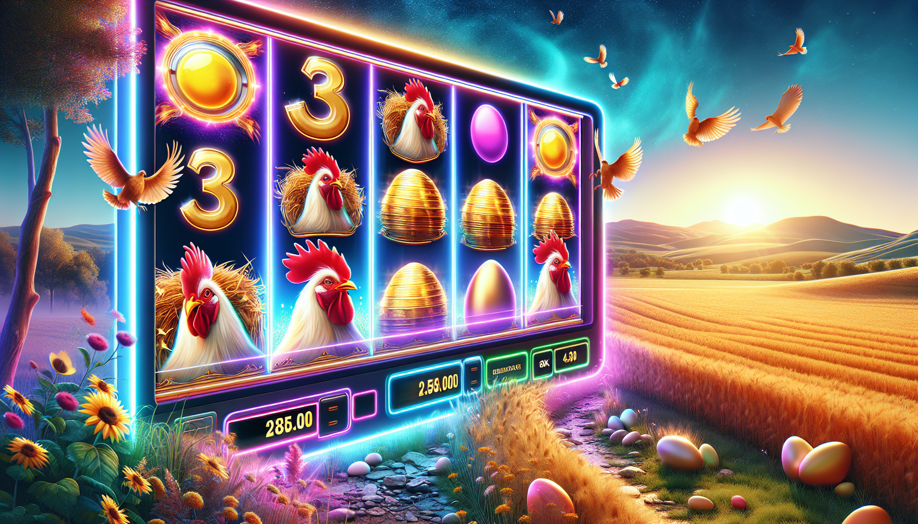 Interfaz principal del juego Chicken Chase en un casino online Vista general de la interfaz de Chicken Chase con gráficos vibrantes y temática de granja