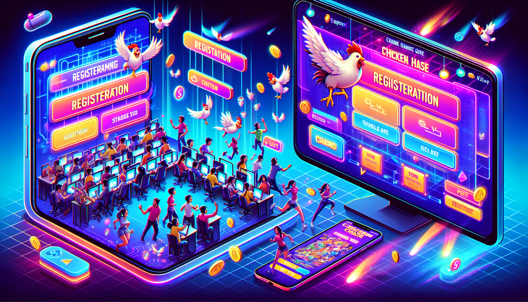 Registro y acceso a Chicken Chase desde distintos dispositivos Pantallas móviles y de escritorio mostrando Chicken Chase durante el proceso de registro
