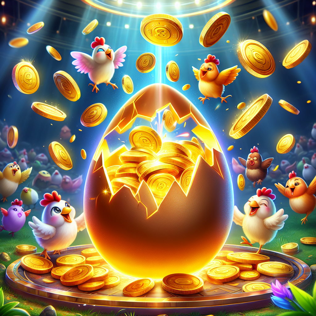 Ronda de bonificación en Chicken Chase con huevo dorado y premios Escena de una ronda de bonificación con huevo dorado y monedas en Chicken Chase