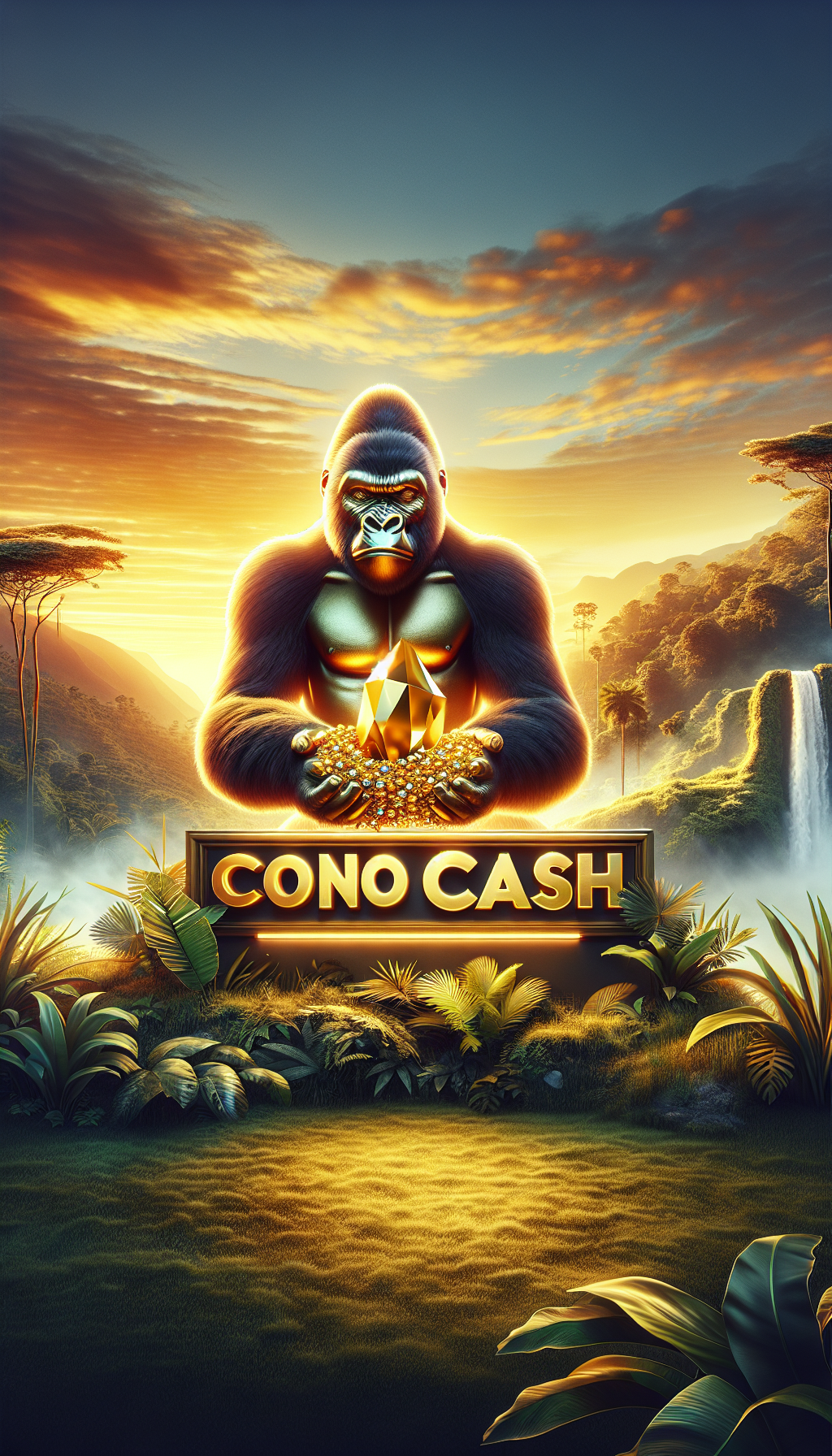 Gorila dorado vigilando gemas preciosas, icono de la tragamonedas Congo Cash