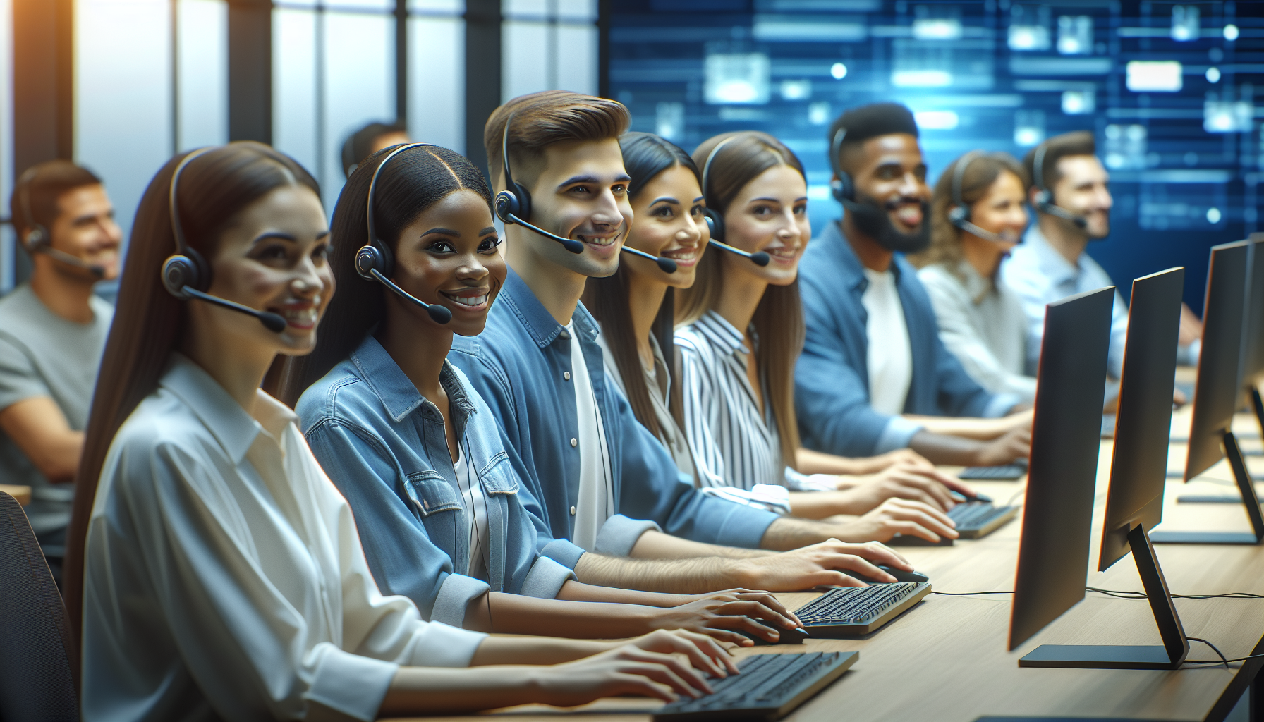 Equipo de soporte de Bplay trabajando en oficina moderna, listos para ayudar a usuarios.