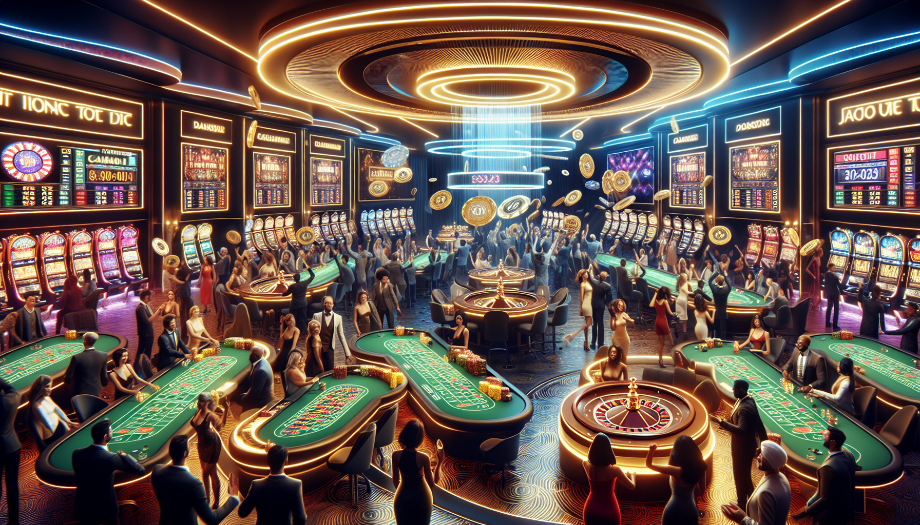 Vista panorámica de Fortune House Casino digital lleno de jugadores disfrutando.