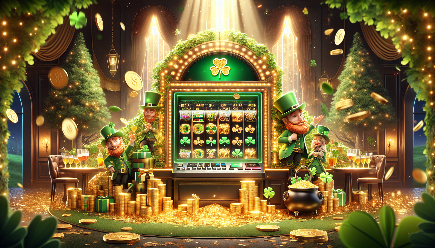 Ambiente festivo con tragamonedas Gold Party y símbolos de la suerte