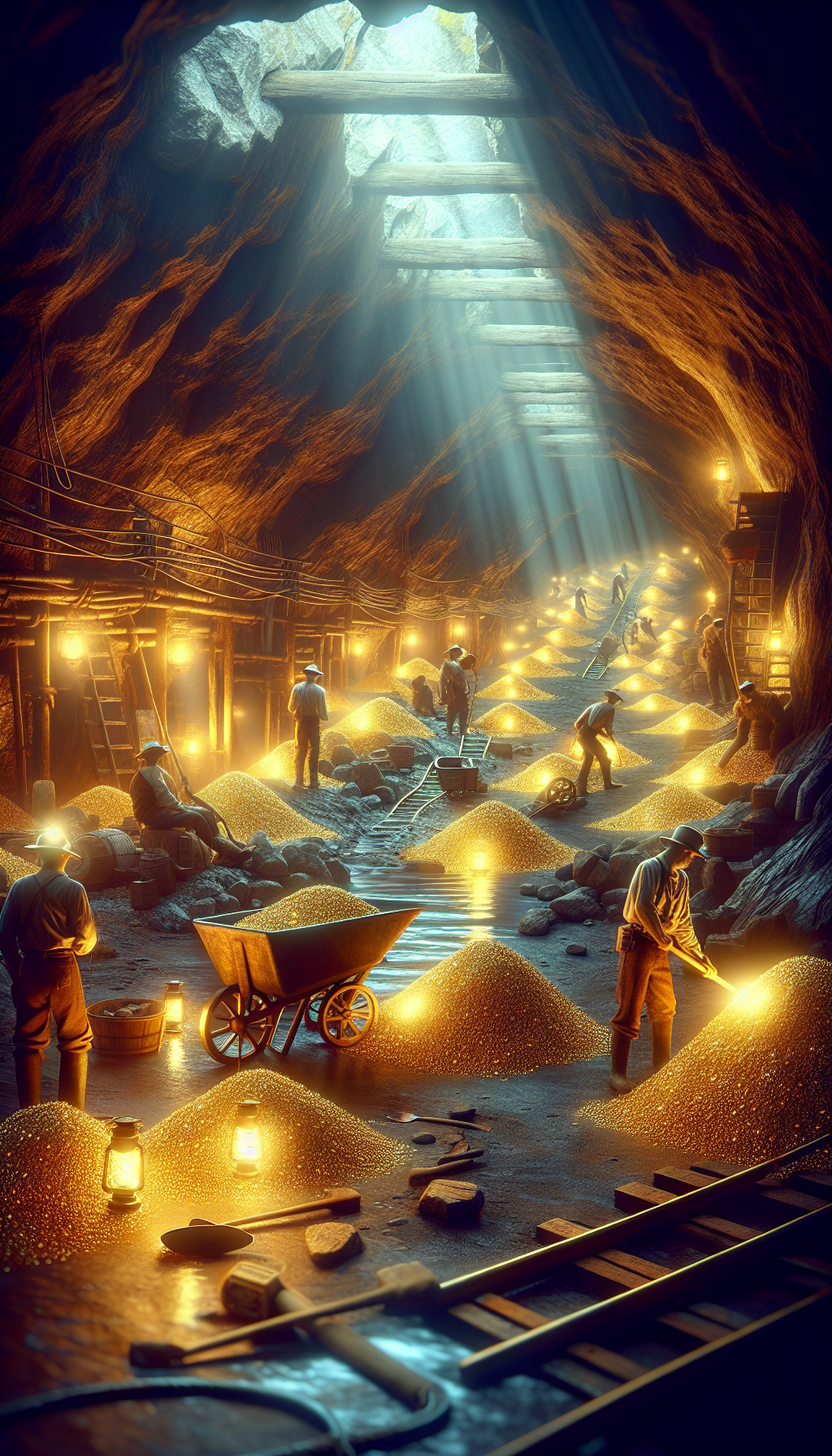 Mineros explorando una mina de oro con equipos clásicos y vetas doradas resplandecientes