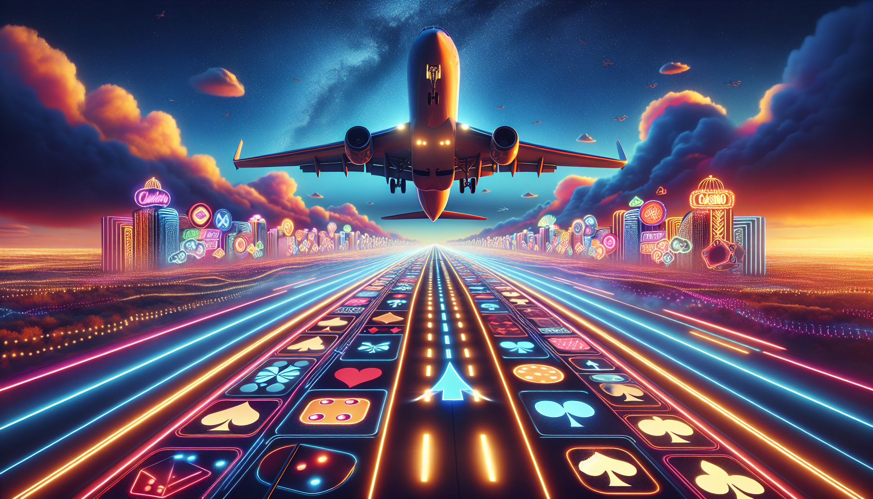Avión despegando sobre pista de casino iluminada, combinando aviación y juego