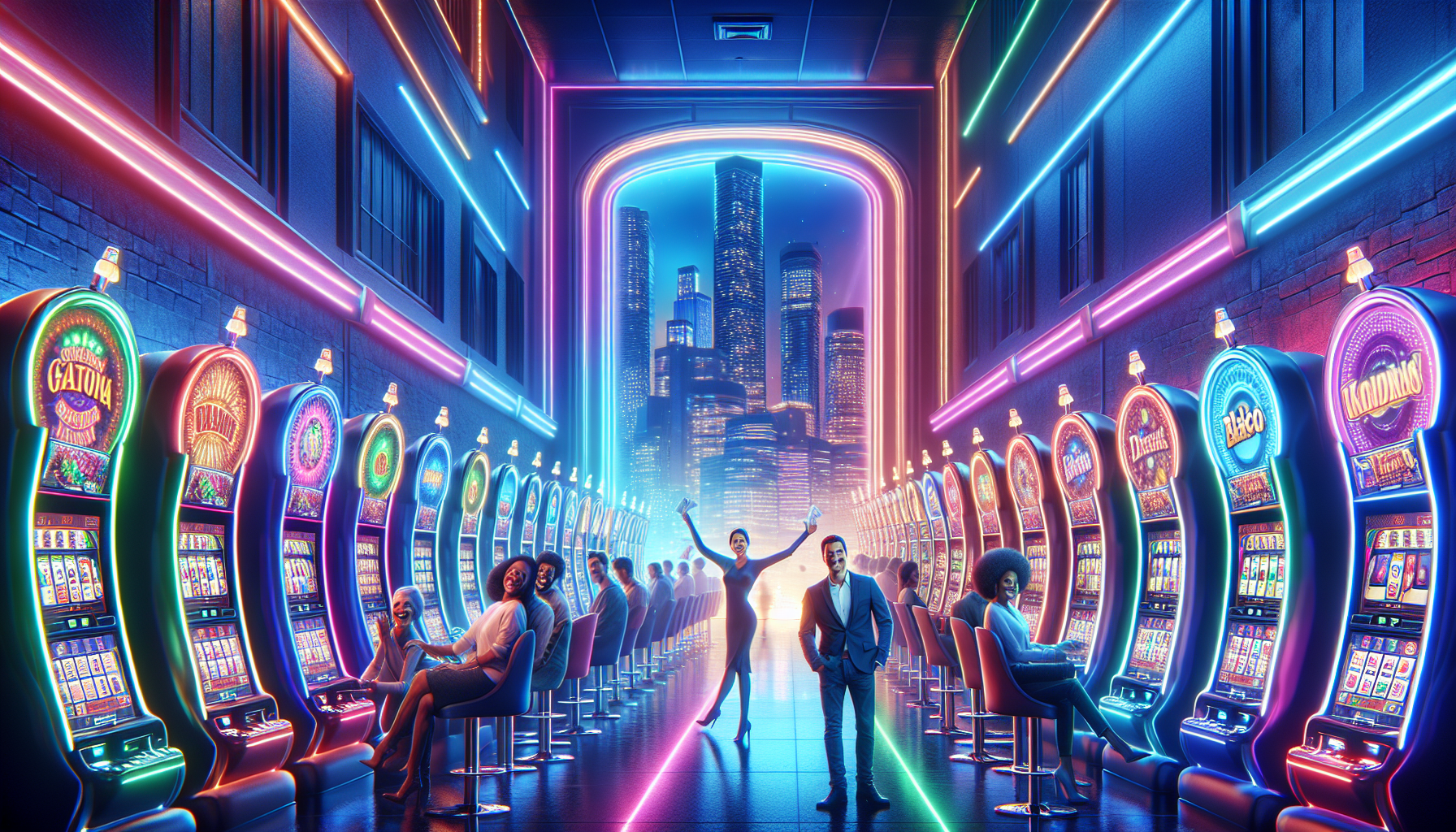 Lobby virtual con tragamonedas de Pragmatic Play y jugadores felices, fondo de Buenos Aires