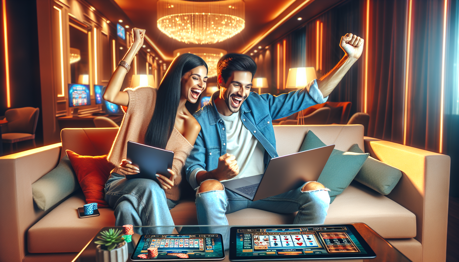 Jugadores argentinos celebrando triunfo online en BPLAY Casino, ambiente moderno y seguro