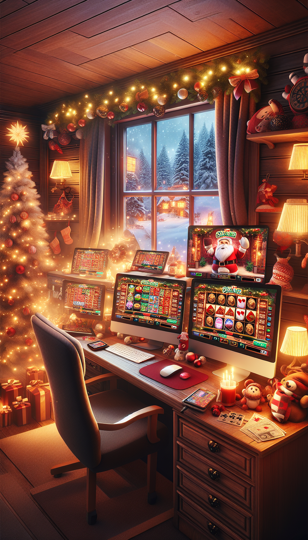 Jugadores disfrutando Santa Online en dispositivos móviles y PC en un ambiente navideño
