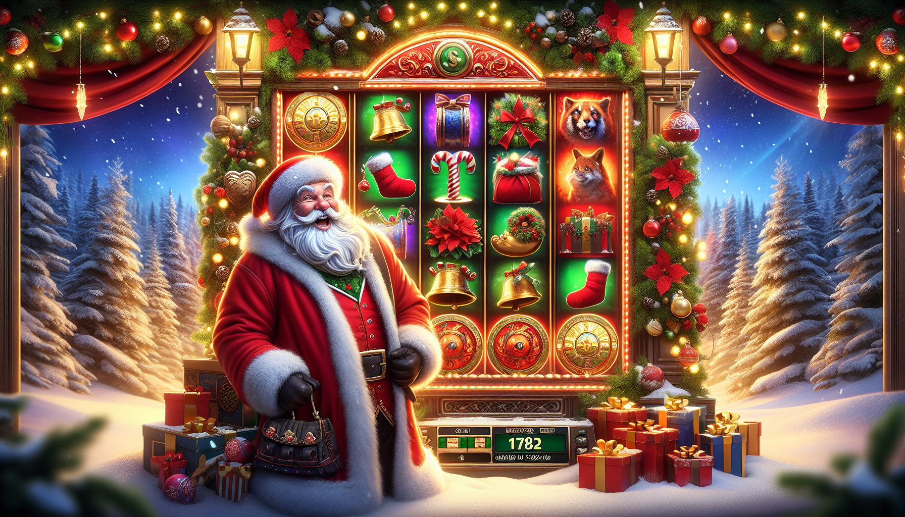 Interfaz de juego Santa Online con temática navideña, reels y símbolos festivos