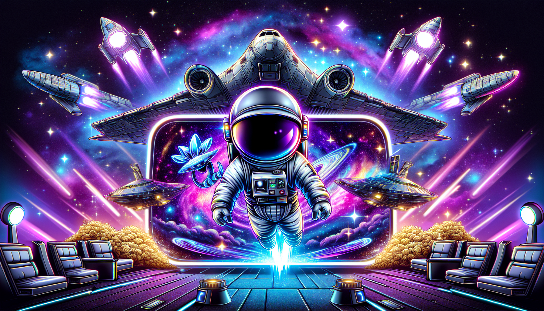 Astronauta animado frente a nave espacial en entorno de galaxia colorida de Spaceman Online