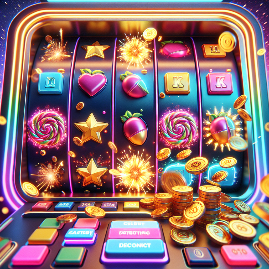 Ruedas de la tragamonedas Sweet Bonanza con dulces y monedas doradas en plena acción