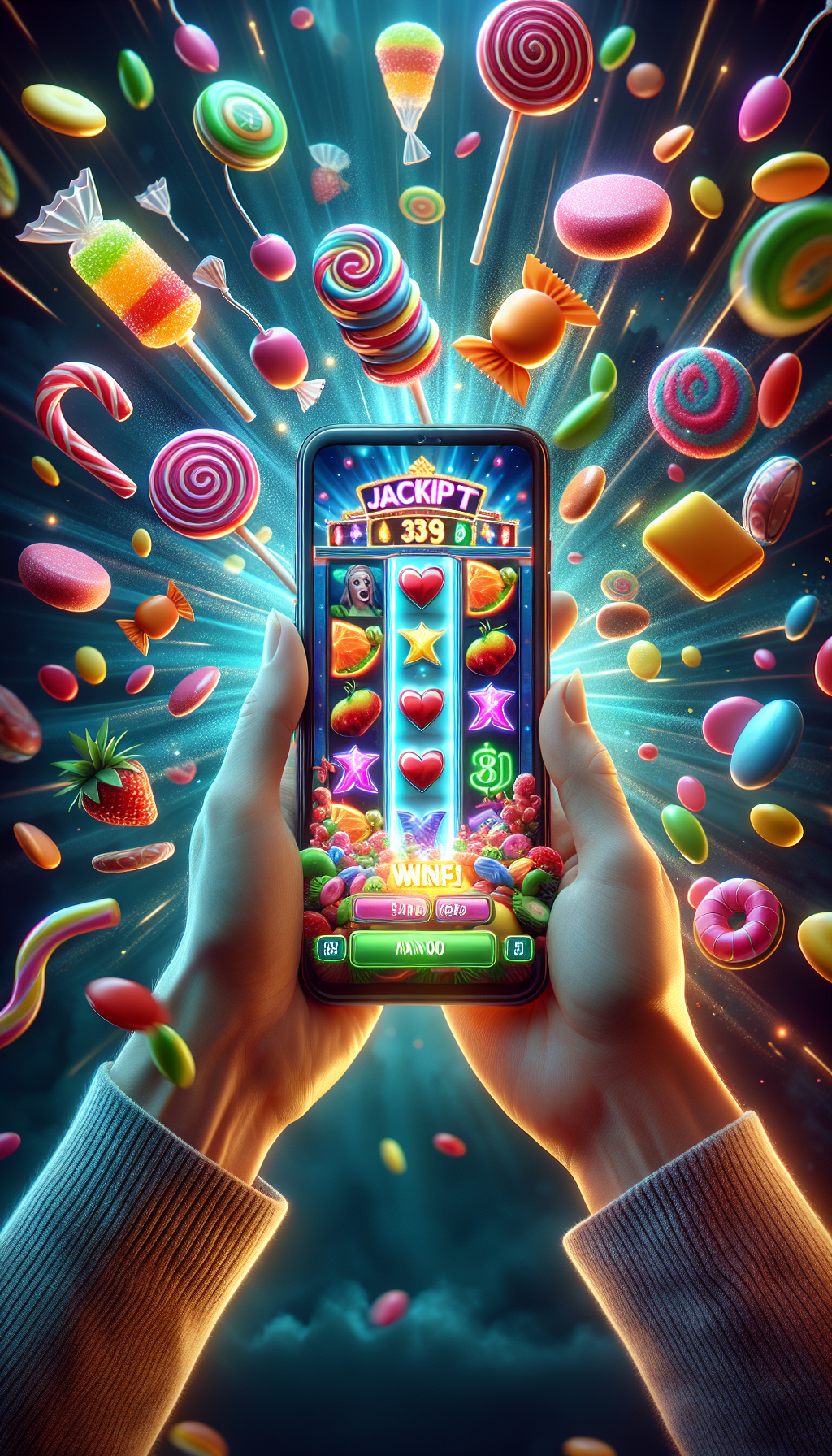 Vista colorida de la tragamonedas Sweet Bonanza en un móvil con dulces y frutas vibrantes
