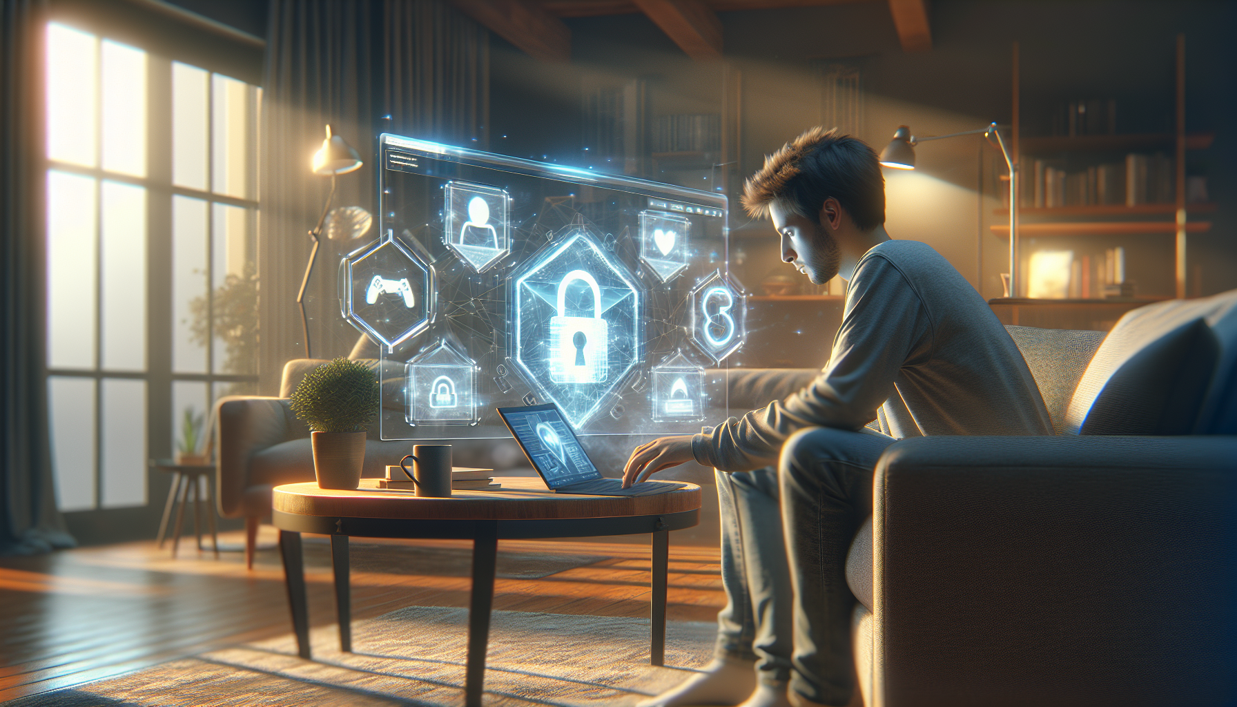 Usuario navegando seguro por BPLAY en un entorno hogareño y protegido